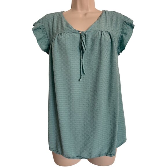 Lee Blouse Cap Ruffle Sleeve Tie Neck Size 2X Teal Green Texture Blouse Tank EUC - Picture 6 of 6
